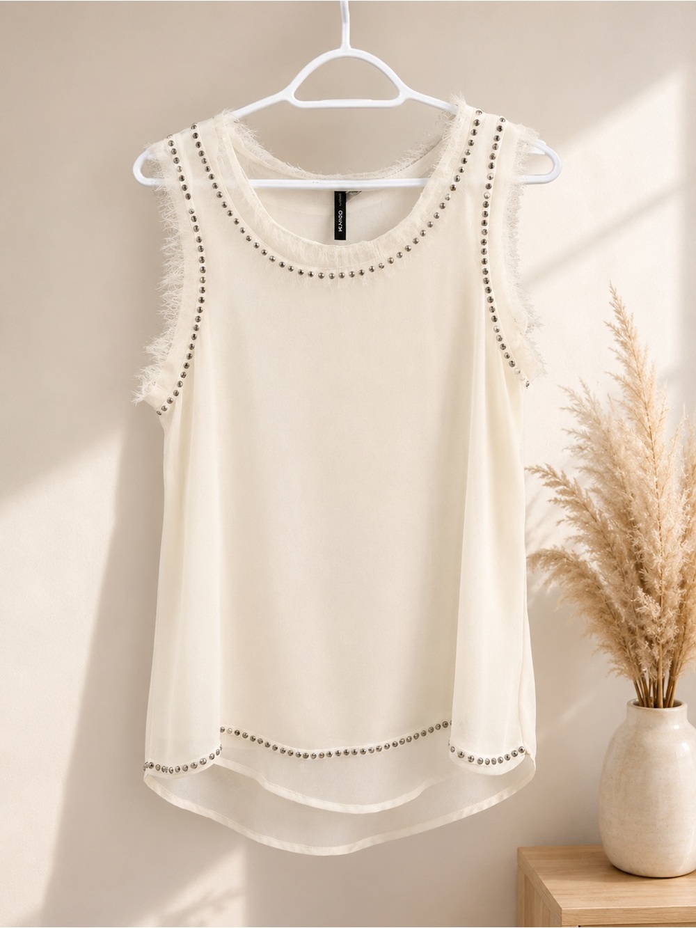 Mango Ivory Chiffon Studded Sleeveless Top